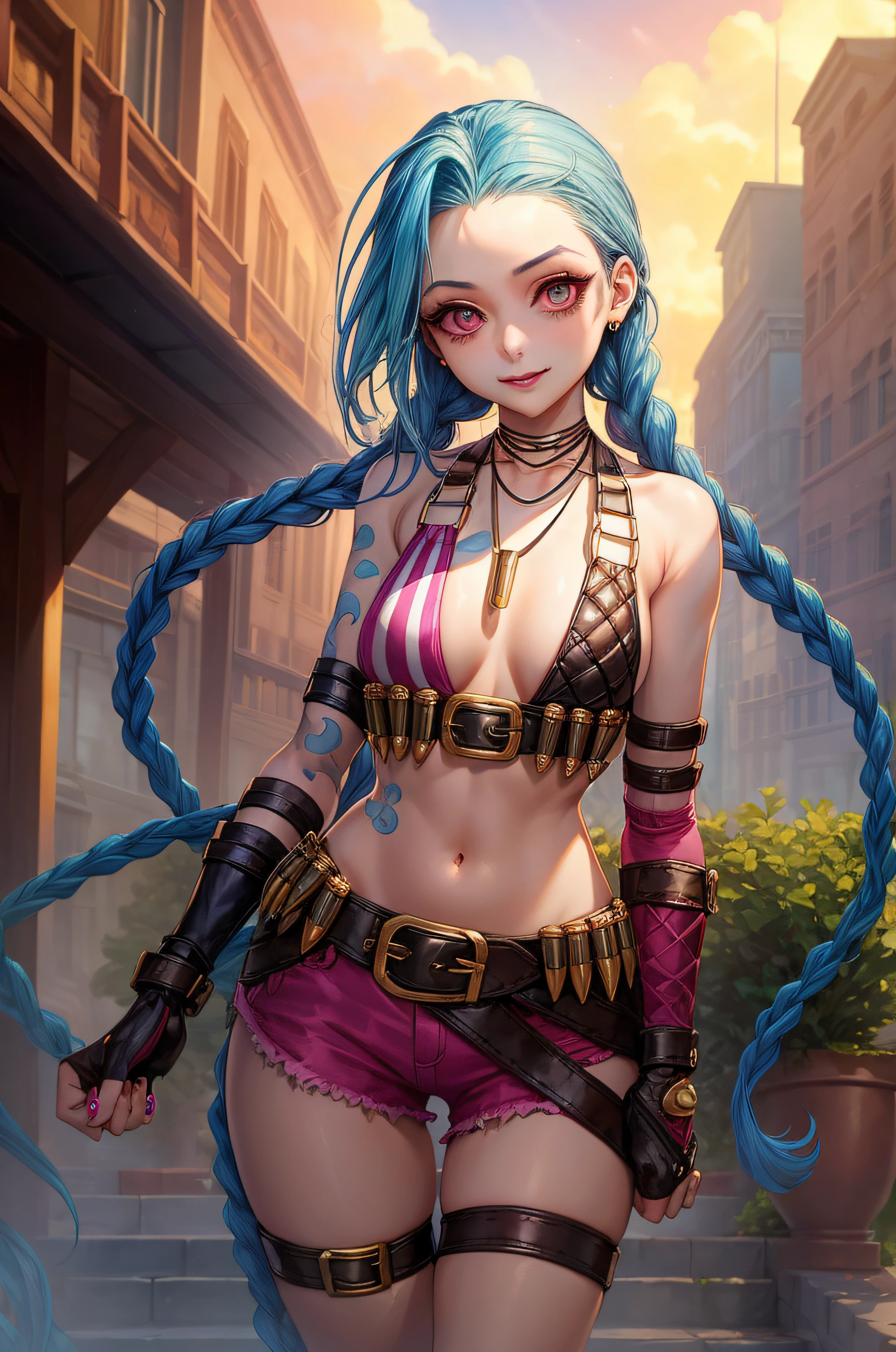 (masterpiece, best quality:1.2), intricate details, jinx \(league of legends\), 1girl, twin braids, single elbow glove, short shorts, bikini top only, necklace, belt, bullet, fingerless gloves