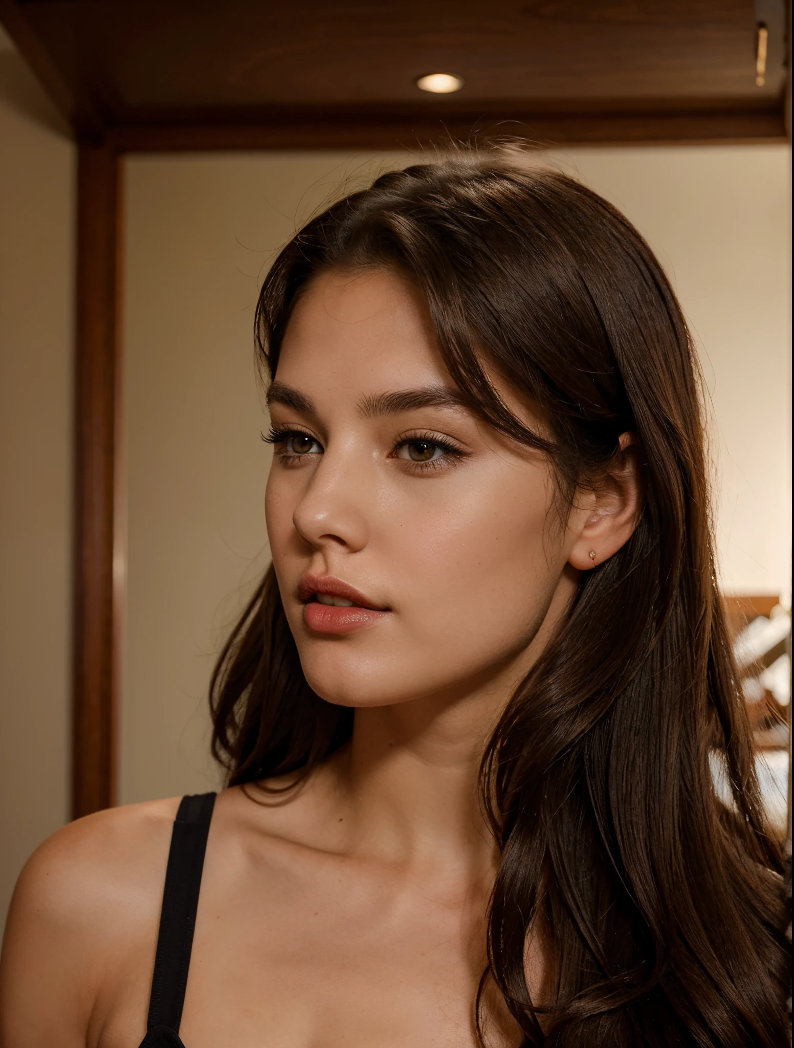 24 year old australian brunette side profile, brown eyes, symmetrical features, red lips, long dark hair