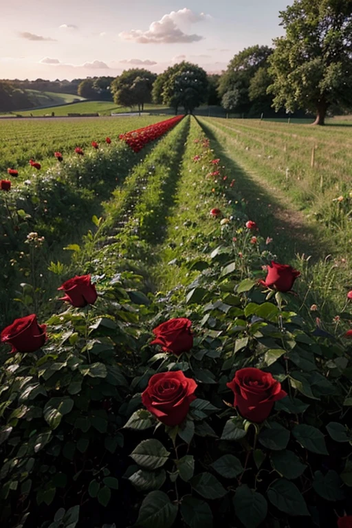 red roses in a field