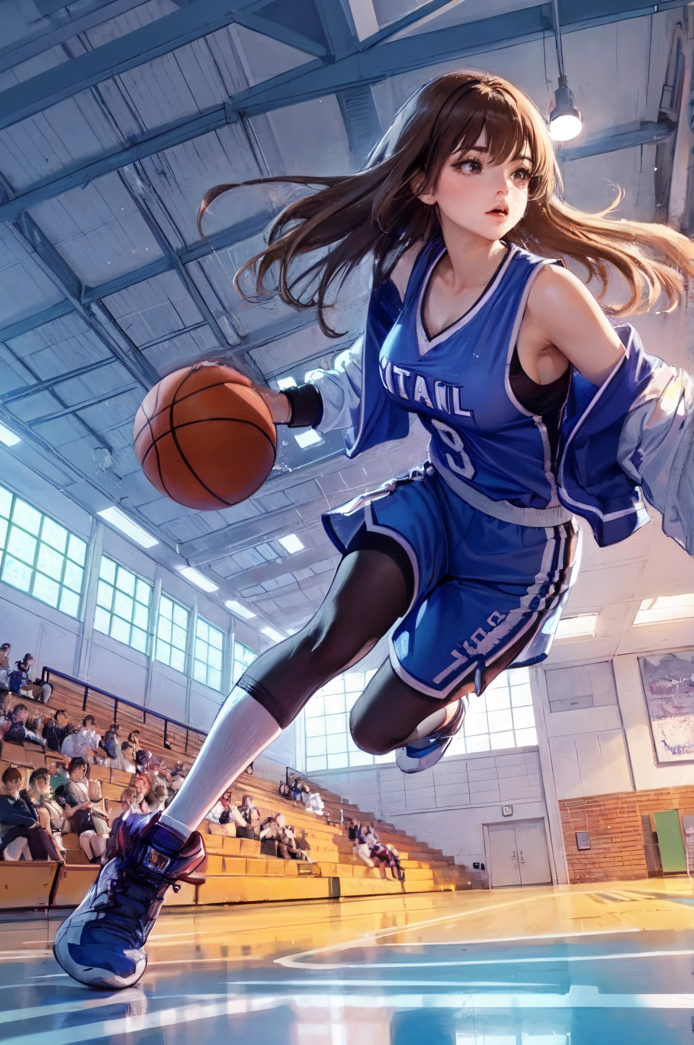 1lady solo, (dynamic posing:1.2), /(basketball uniform/), mature female, /(light brown hair/) bangs, determined expression, (masterpiece best quality:1.2) delicate illustration ultra-detailed, large breasts BREAK /(civic gymnasium/) indoors, audience