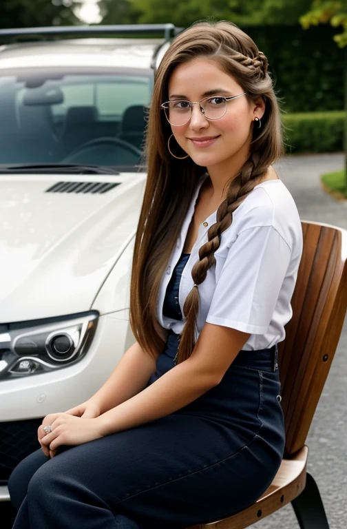 "Imagine a portrait of a friendly 27-year-old American crypto trader. She has short,neatly plaited and braided brown hair, striking brown eyes, and a natural,wearing an eyeglass, smiling and proffessional expression. The photo is taken beside her mercedes while she sits beside it. The image is captured in high resolution using an 85mm lens for a flattering perspective."