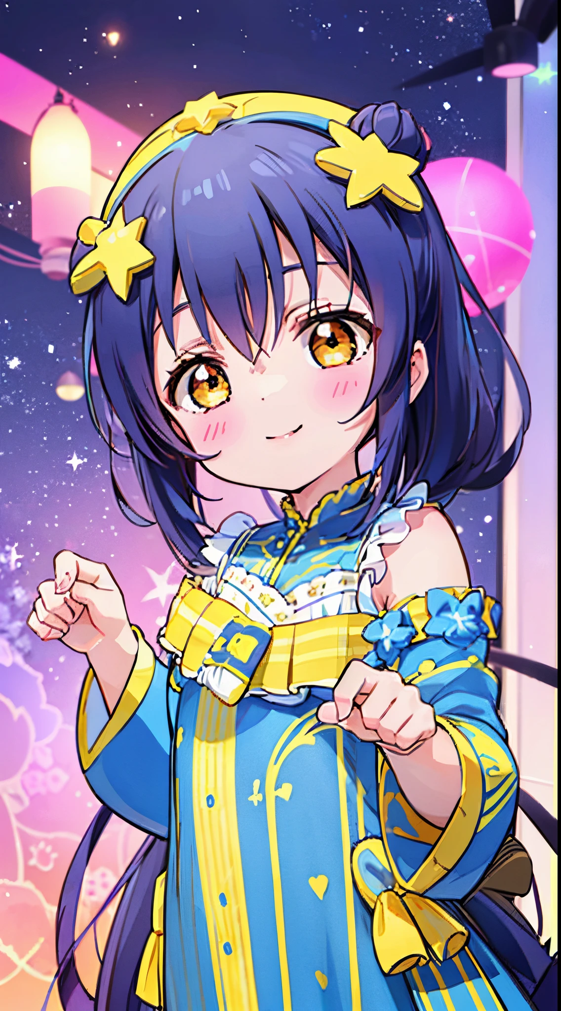 sonoda_umi_lovelive
long_hair, blue_hair, yellow_eyes, blush, bangs, hair_between_eyes, smile, hair_ornament