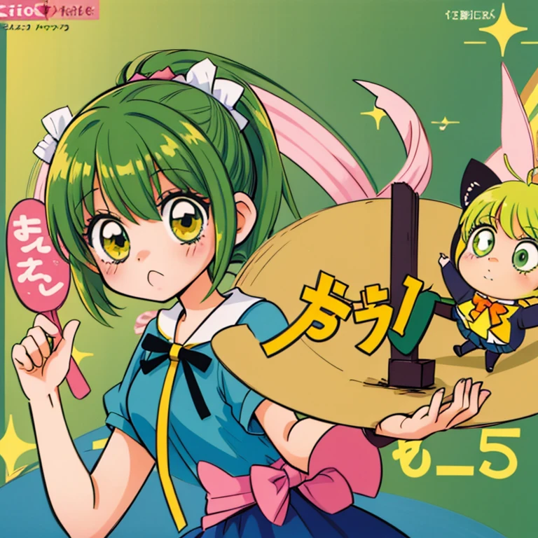 Anime girl, manga style, 1girl, solo, green hair, magical girl, no expression, blank expression, neutral face, kuudere