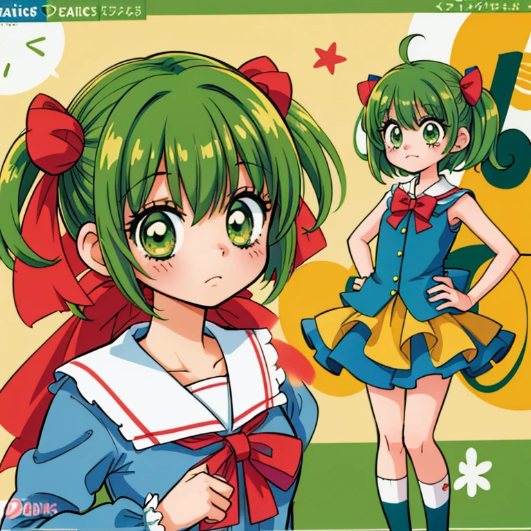 Anime girl, manga style, 1girl, solo, green hair, magical girl, no expression, blank expression, neutral face, kuudere