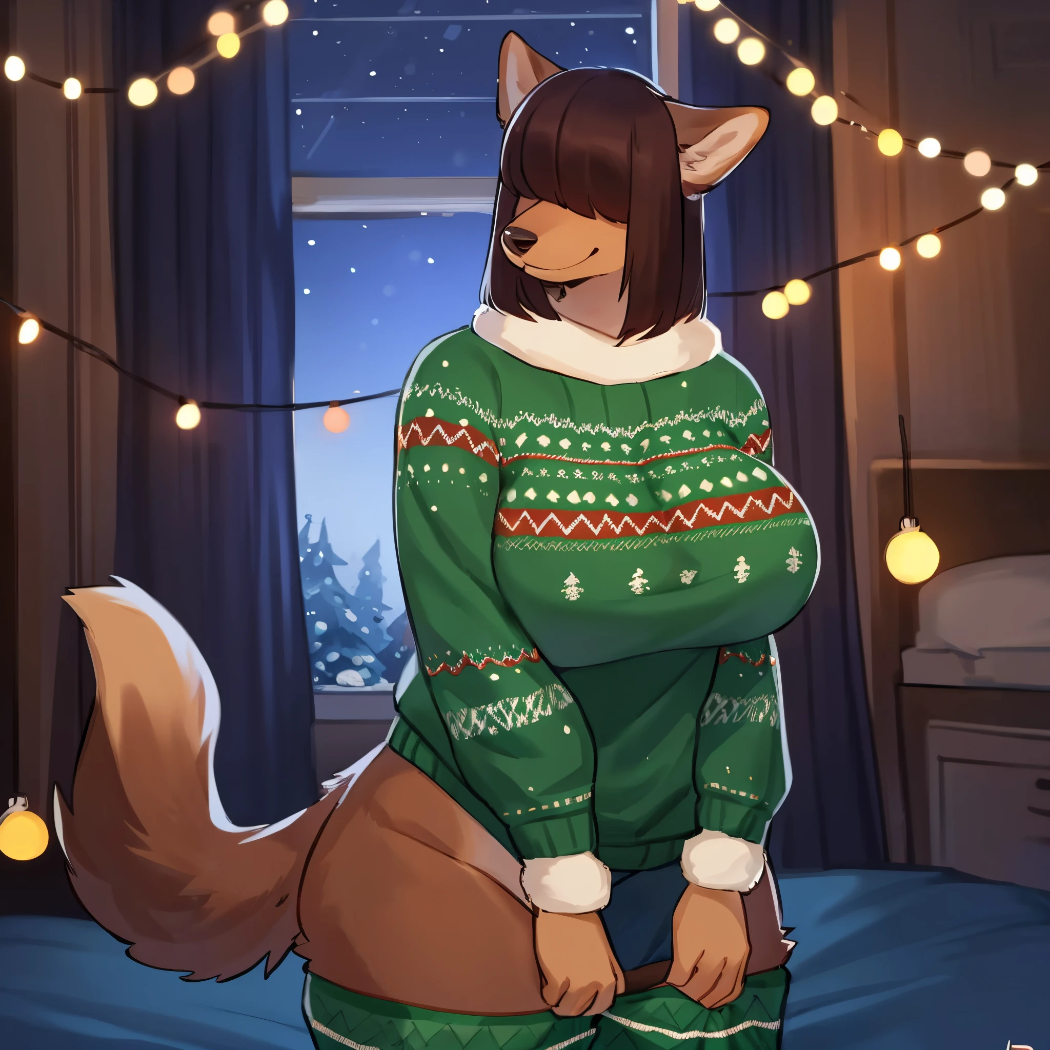 By bebebebebe, by lostgoose, by goonie-san, female, ((canine, snout, hair covering eyes, straight hair, medium hair, flat hair, ears, thin snout)), brown fur, big poofy tail, raised tail, dark maroon hair, muscular, big breasts, smiling, standing, peephole sweater, tight sweater, green sweater, (ugly christmas sweater), cleavage, pajama pants, solo, cozy room, fairy lights, winter outside window, night time