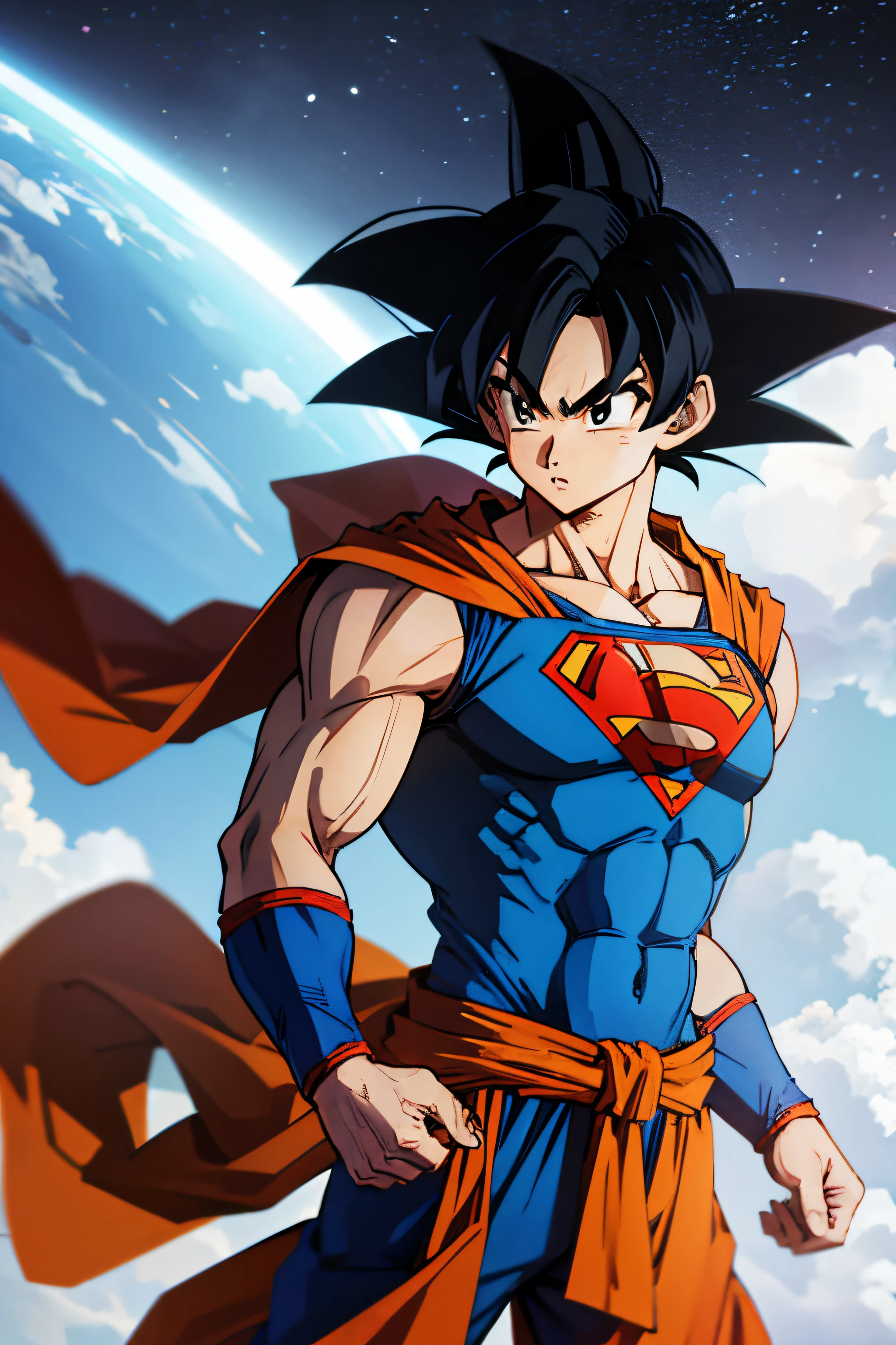 Goku do anime Dragon Ball vestindo roupas de super-homem