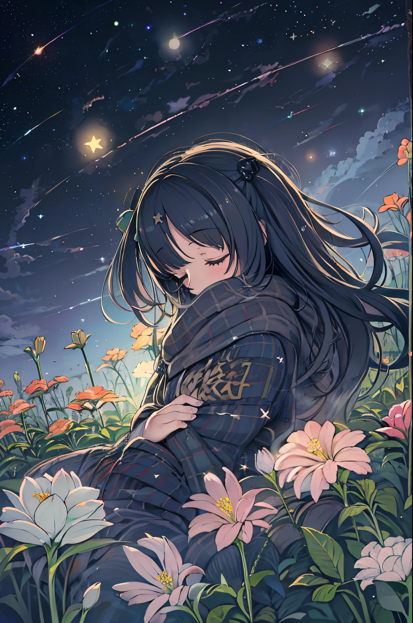 girl, Flowers, Sleeping, Long Black Hair, Night, Starry sky