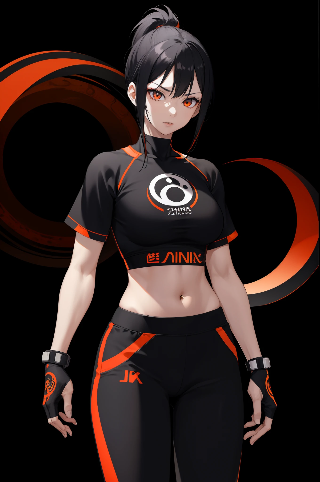 A realistic Korean woman, aged 28, based on Juri from Street Fighter 6, with a tattoo on her abdomen in the shape of a yin-yang, eye irises of the same color, very detailed slanted eyes, with dark black hair, very short hair and with bangs, hair with two ponytails, wearing a blouse, white blouse, black and orange gym pants, fractal background, in the background there is a yin-yang design, dark background, studio lighting, Fractal Art