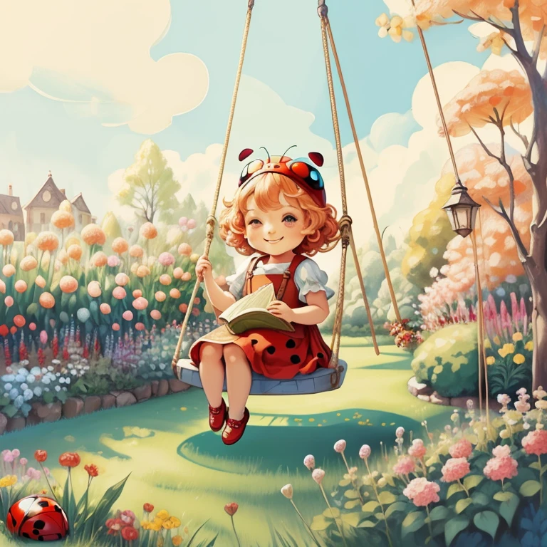 (cute red ladybug smiling in the garden with a swing) Munchkin ,Geometric multidimensional wall portrait, livro de arte, Tchibi,
Yang08k, Beautiful, Colouring,
Obras, of the highest quality, best quality, Arte Oficial, Beautiful and Aesthetic,