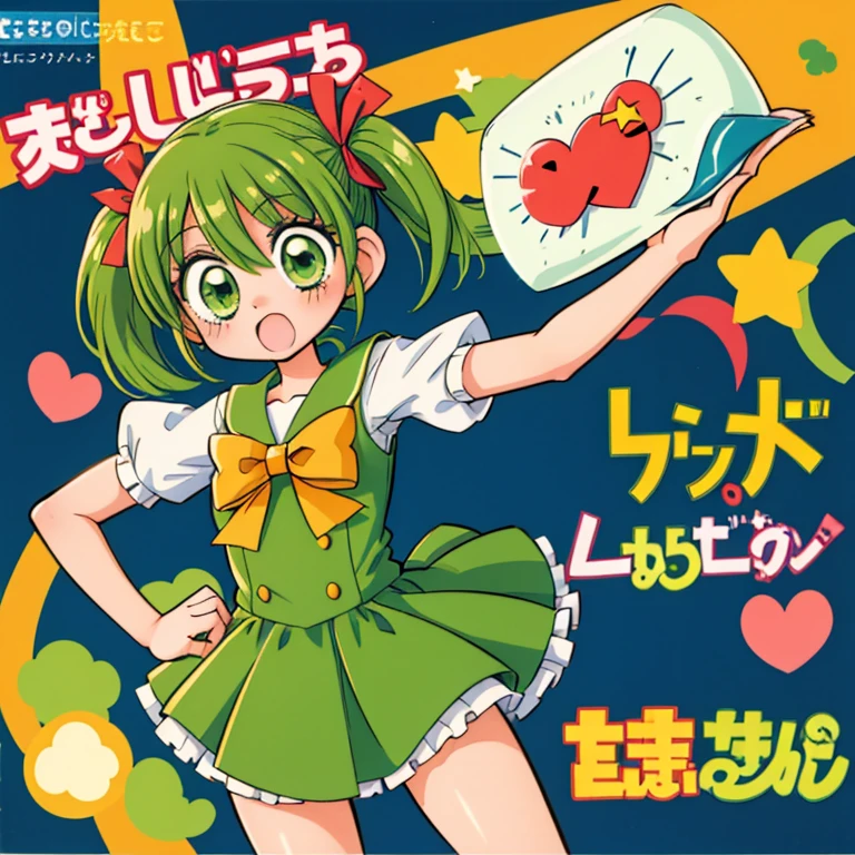 Anime girl, manga style, 1girl, solo, green hair, magical girl, no expression, blank expression, neutral face, kuudere, short hair, small pigtails, green eyes, magical outfit