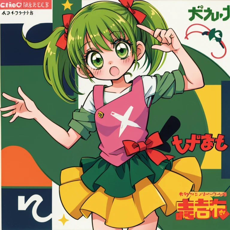 Anime girl, manga style, 1girl, solo, green hair, magical girl, no expression, blank expression, neutral face, kuudere, short hair, small pigtails, green eyes, magical outfit