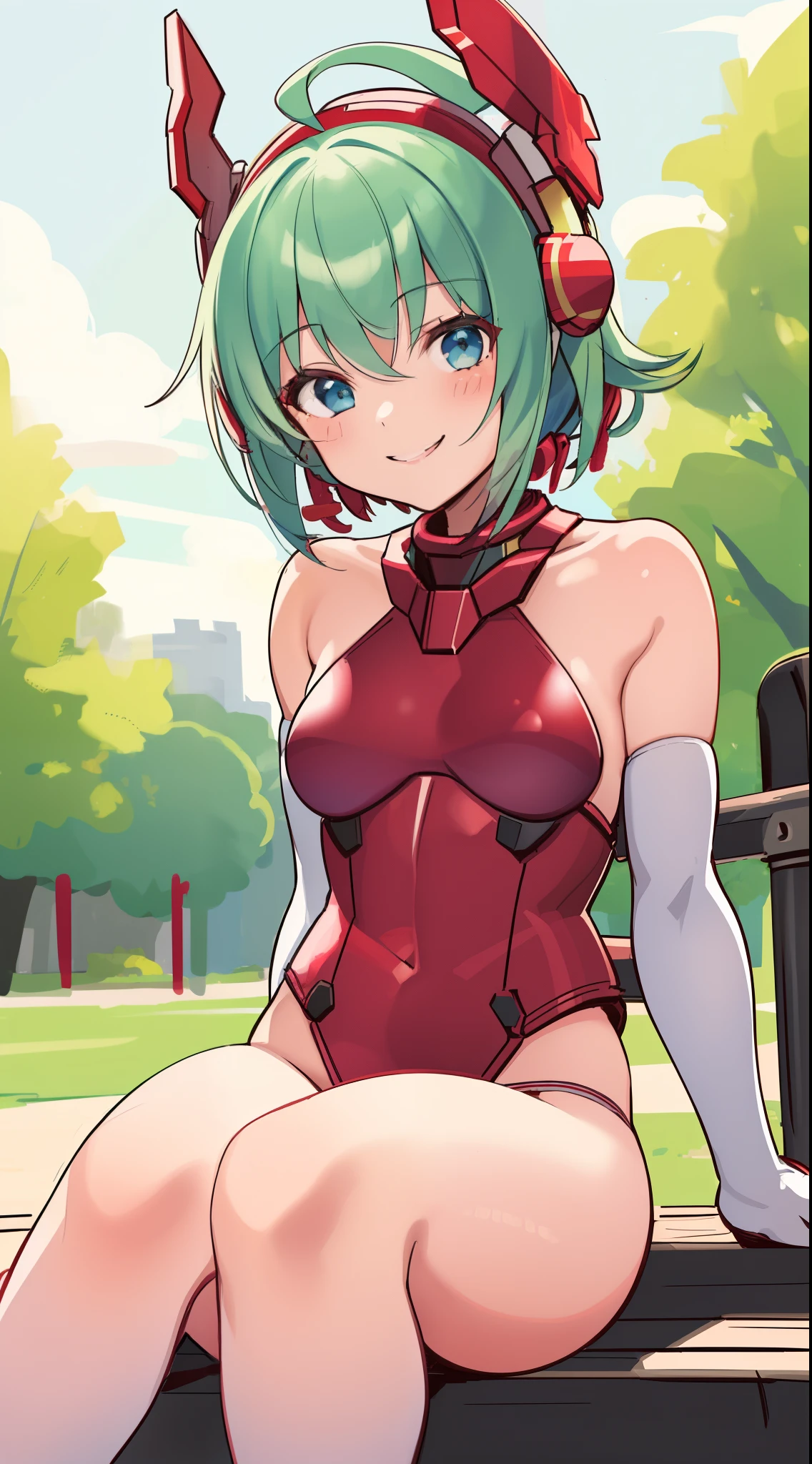 1 girl, , in the park, red brazier, white panties, small breasts, short hair, green hair, blue eyes, elbow gloves, cute girl, smiling, mecha headgear, red bikini, seductive pose, red shoes, sitting in a bench