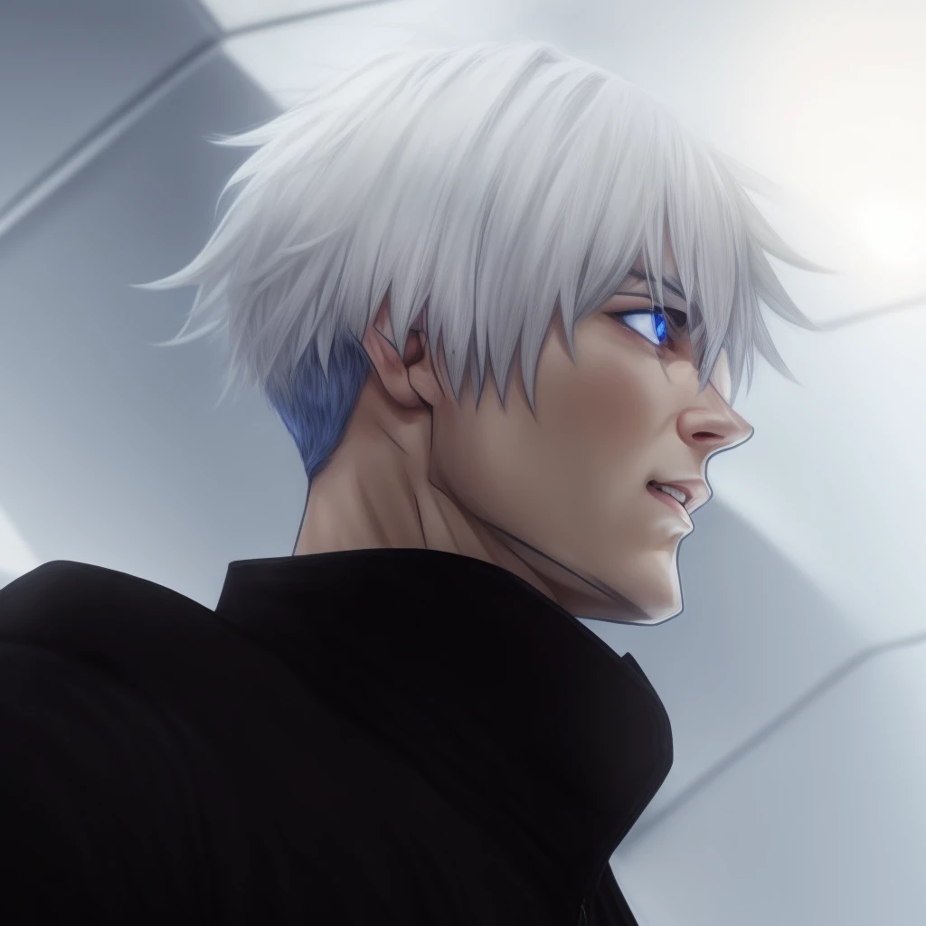 Young Handsome Man with blue eyes, white hair, black jacket