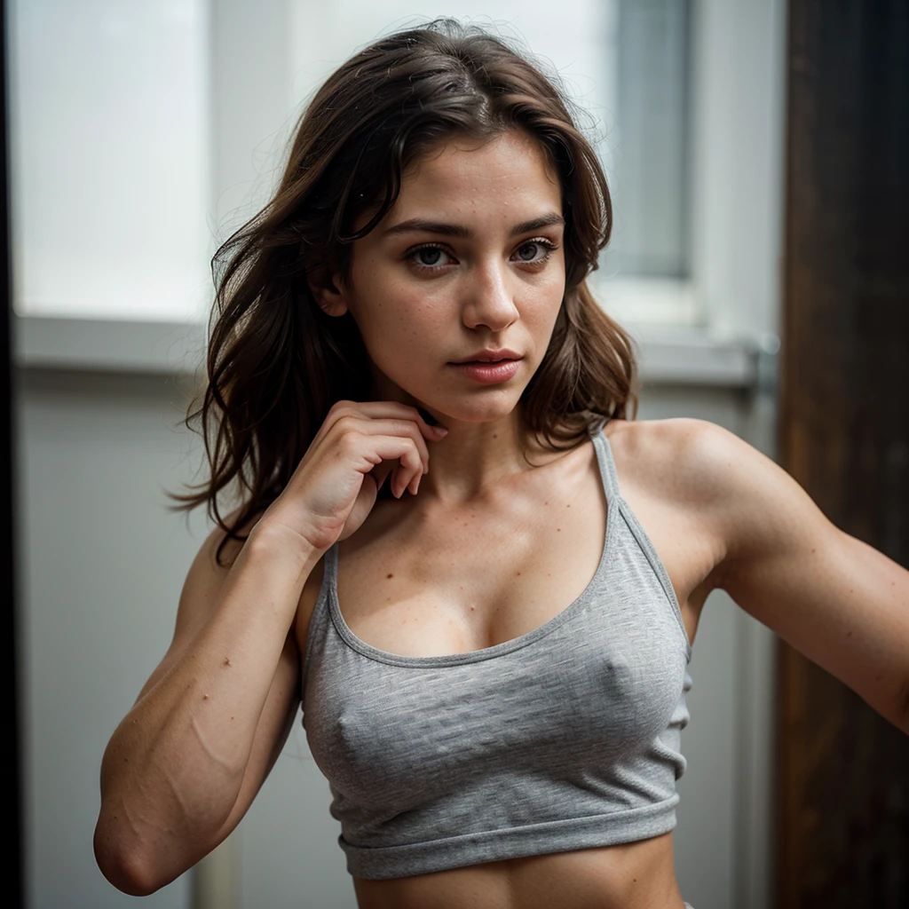 Beautiful 24 years fitness woman wearing a tanktop no bra, medium hair, detailed face, detailed nose, analog photograph, professional fashion photoshoot, hyperrealistic, masterpiece, trending on artstation, analog