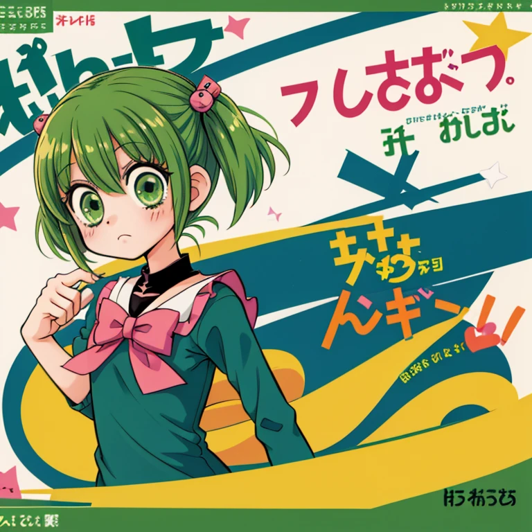 Anime girl, manga style, 1girl, solo, green hair, magical girl, no expression, blank expression, neutral face, kuudere, short hair, small pigtails, green eyes