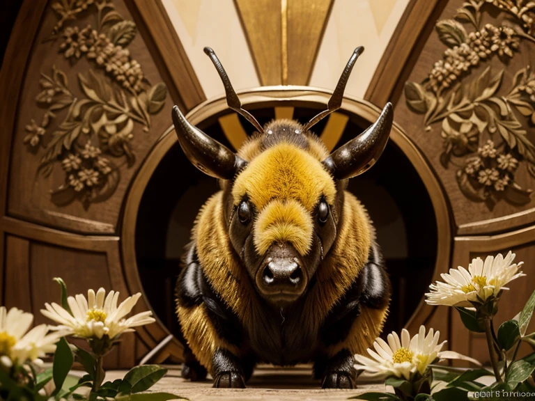 A cute swollen bee formed by several flowers, guardando um formigueiro com o touro Ferdinando e a formiga transportadora ao seu redor, HD, real, luxury with a friendly bull