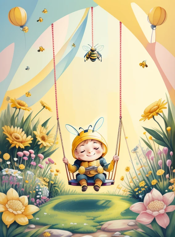 (cute yellow bee smiling in the garden with a swing) Munchkin ,Geometric multidimensional wall portrait, livro de arte, Tchibi,
Yang08k, Beautiful, Colouring,
Obras, of the highest quality, best quality, Arte Oficial, Beautiful and Aesthetic,