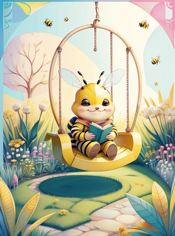 (cute yellow bee smiling in the garden with a swing) Munchkin ,Geometric multidimensional wall portrait, livro de arte, Tchibi,
Yang08k, Beautiful, Colouring,
Obras, of the highest quality, best quality, Arte Oficial, Beautiful and Aesthetic,