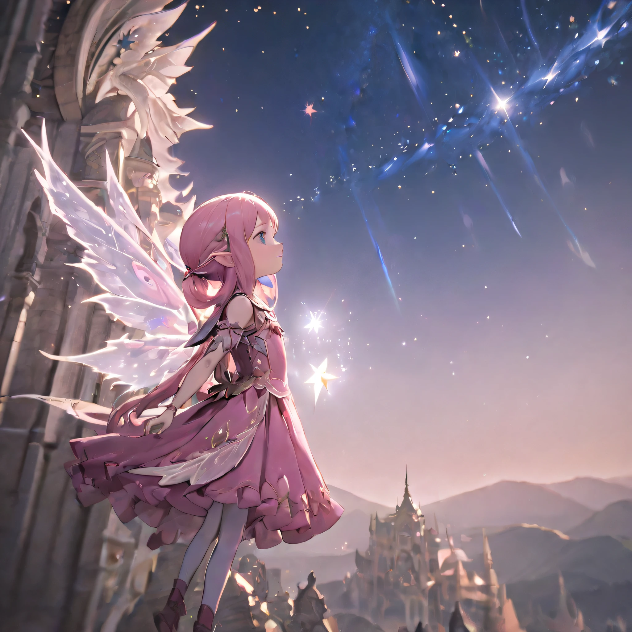 Portrait, (Side view), FFXIV, Final Fantasy 14, Lalafell, Loli, Pink long hair, (elf ears), blue eyes, Intricate Pink Dress, (Big Pairs fairy wings), (Scenery Lakeland), (Looking up at a star in the sky), best quality, masterpiece, ultra-detailed, 8k, depth of field, cinematic composition, best light