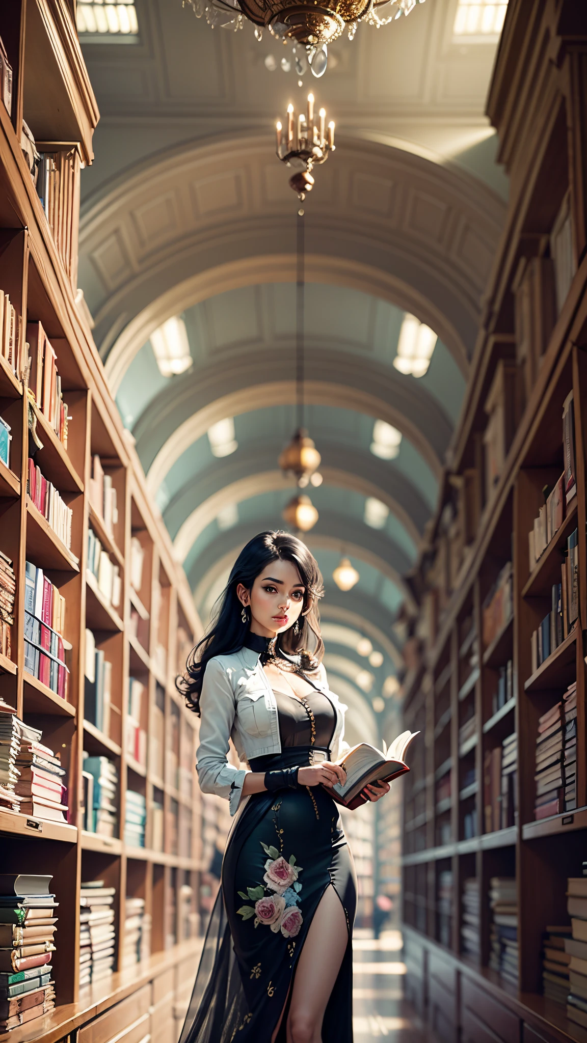 A woman standing in a library, surrounded by books, exuding an aura of intelligence and poise, --auto --s2