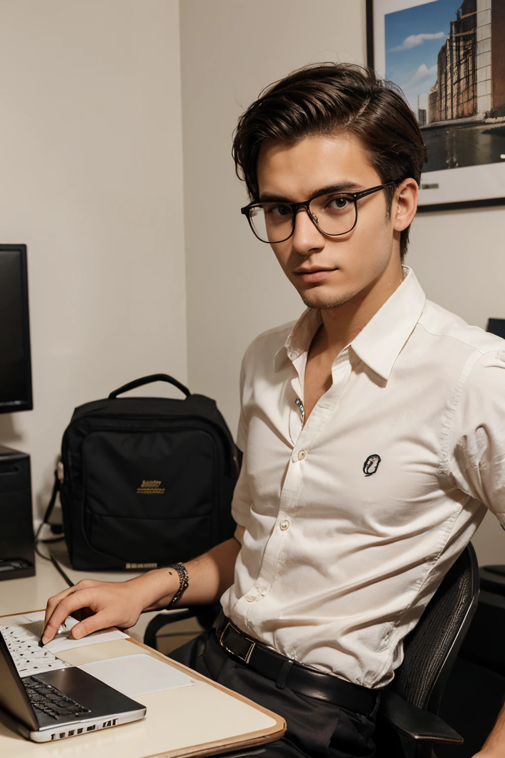 20 year old man character wearing prescription glasses, cabelo preto, roupa formal, olhando para um notebook, in an office in your own home