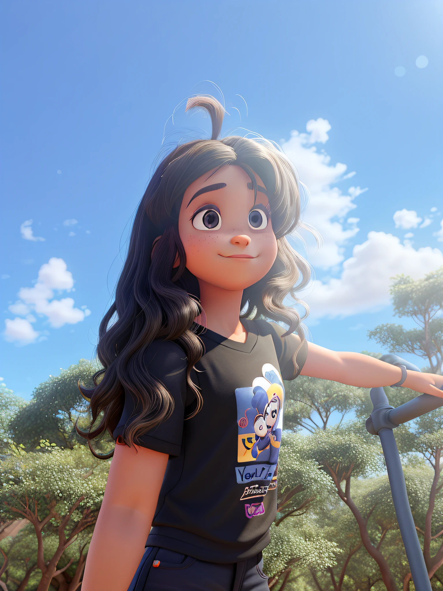 uma de camiseta preta e cabelo preto ondulado, magra, estilo disney pixar, alta qualidade, melhor qualidade