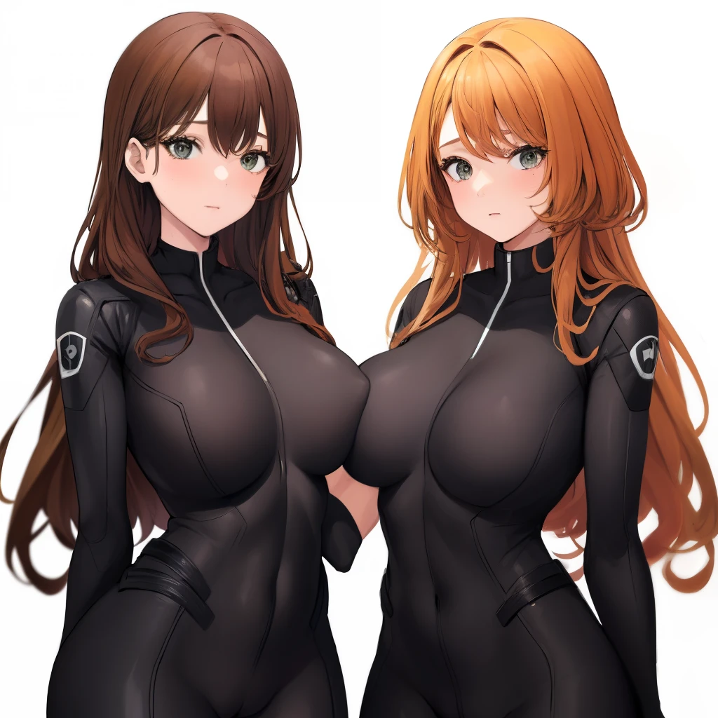 2girls, duo, twins, standing shoulder-to-shoulder, teenage woman, brown hair, blonde hair, long curly hair, matching hairstyles, different hair colors, hair down, hazel eyes, black widow bodysuits, white background, best quality, highly detailed