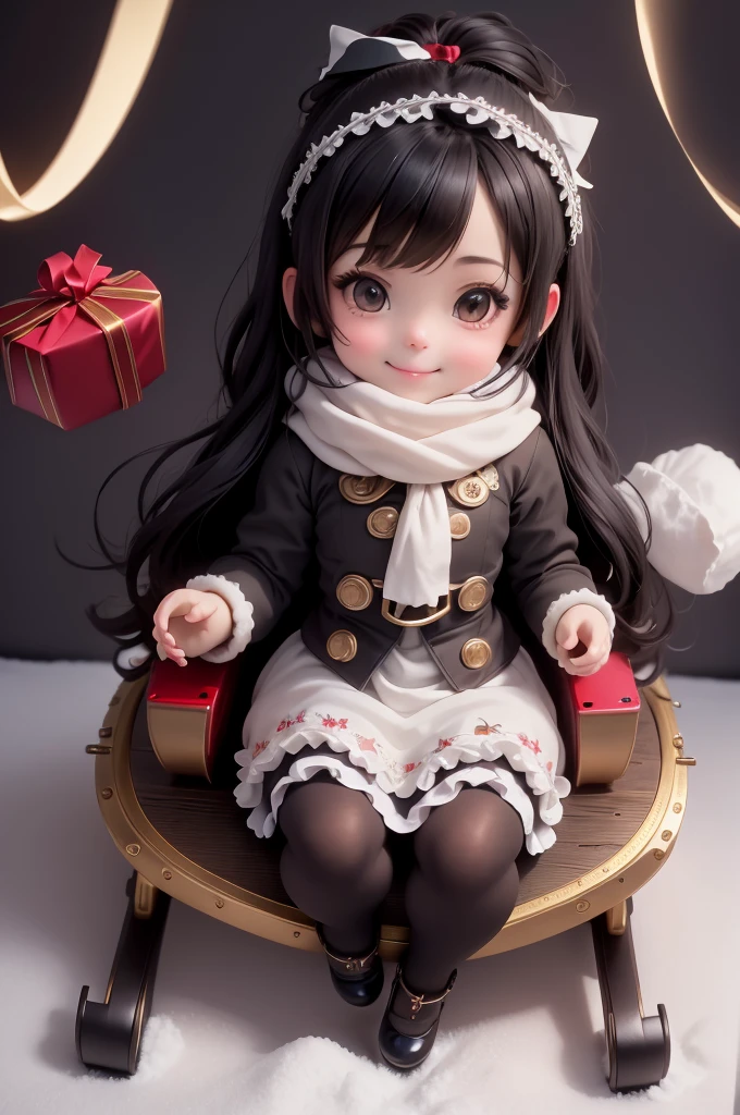 amasterpiece, best quality, 8k, cinematic light, ultra high res, chibi, cute doll smiling sitting on a sleigh, (bigfeet:0.4), (bighands:0.4)black hair, christmas steampunk dress, christmas hair ribbons, white pantyhose, black pumps, magical night, winter night, magical sparks floating, falling snow, dark shadows, ((dark fantasy)),