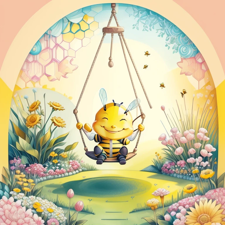 (cute yellow bee smiling in the garden with a swing) Munchkin ,Geometric multidimensional wall portrait, livro de arte, Tchibi,
Yang08k, Beautiful, Colouring,
Obras, of the highest quality, best quality, Arte Oficial, Beautiful and Aesthetic,