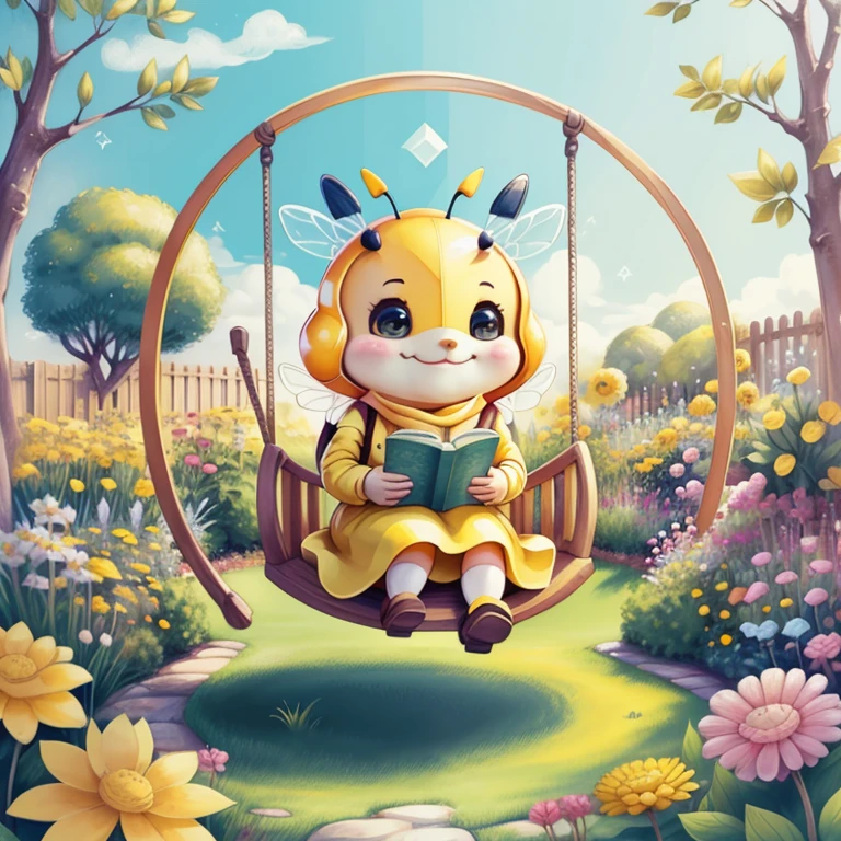 (cute yellow bee smiling in the garden with a swing) Munchkin ,Geometric multidimensional wall portrait, livro de arte, Tchibi,
Yang08k, Beautiful, Colouring,
Obras, of the highest quality, best quality, Arte Oficial, Beautiful and Aesthetic,