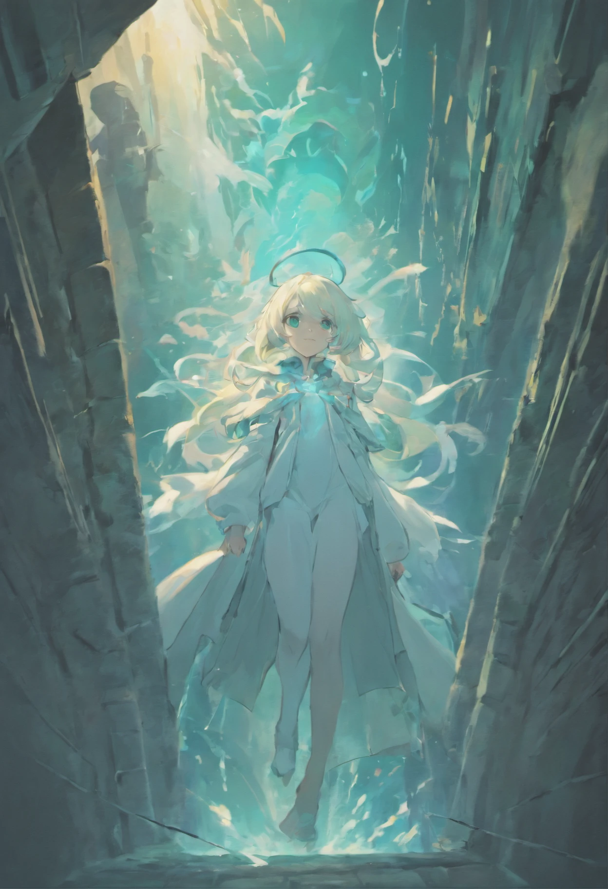 white ghost，afloat，in a dungeon