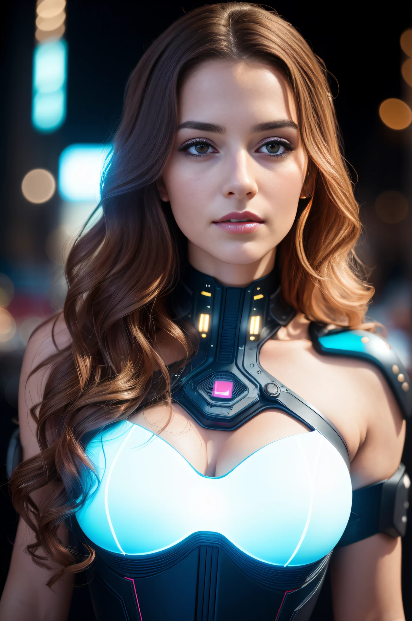 Full face portrait photo of a 25-year-old European girl, RAW, beautiful woman, semi-open strawberry lips, dimples, wistful look, (extra long wavy brown hair), ((detailed face)), ((detailed facial featureinely detailed skin), pale skin, (deep neckline detailed high-tech cyberpunk dress), cyberpunk megacity environment, (cool colors), damp, damp, reflectionasterpiece) (perfect proportion)(realistic photo)(best quality)  (detailed) shot on a Canon EOS R5, 50mm lens, F/2.8, HDR, (8k) (wallpaper) (cinematic lighting) (dramatic lighting) (sharp focus) (intricate),RAW photo, gigachad photo, posing for camera, 8k uhd, dslr, high quality, grain film, Fujifilm XT3