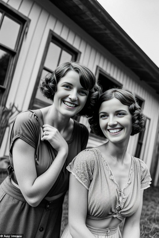 2 women posing in 1928 for a selfie  in a rural setting in a farm house they’re smiling and laughing imagine the scene as if you were there extraordinarily realistic, wearing only bra