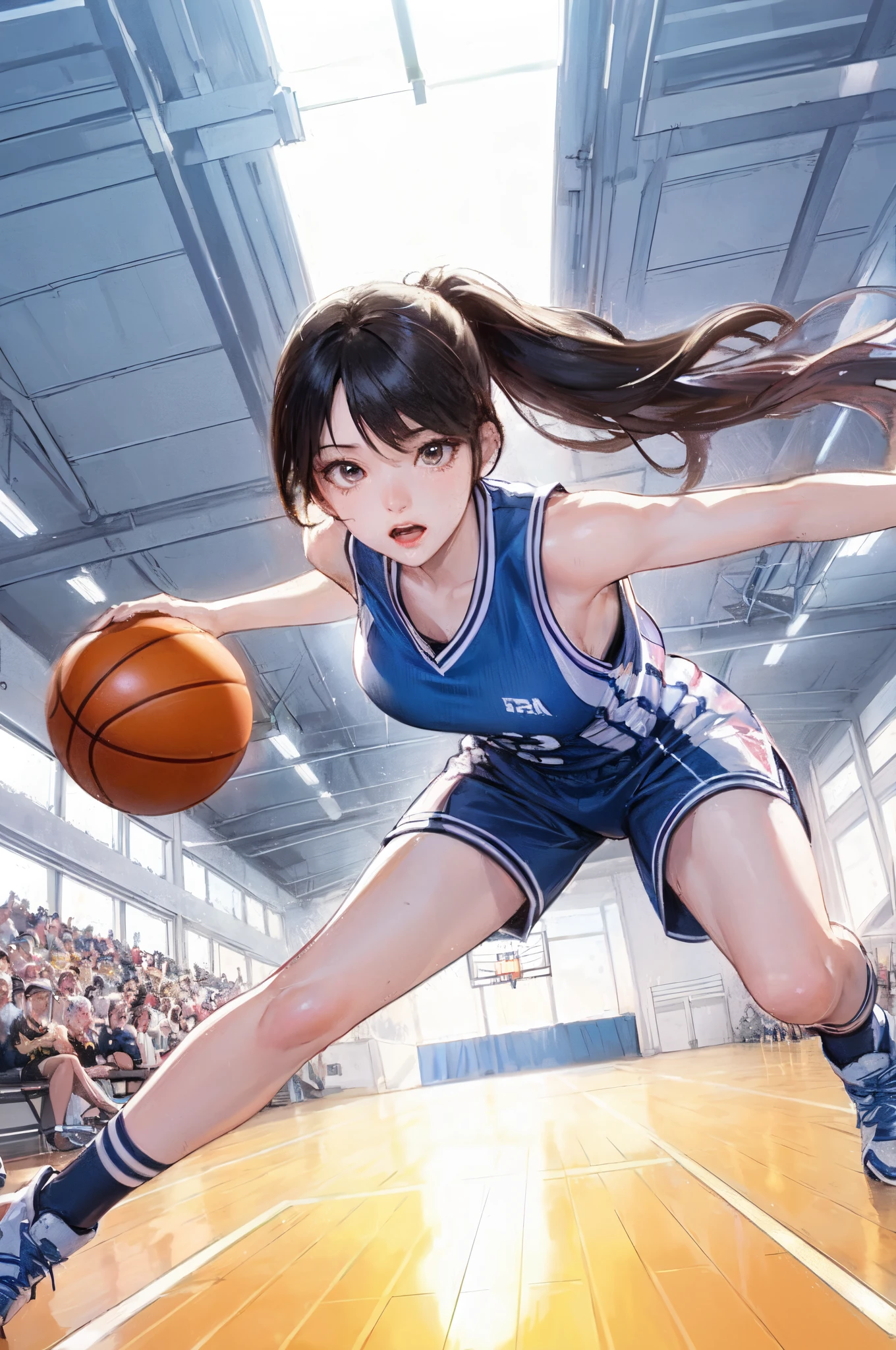 1lady solo, (dynamic posing:1.2), /(basketball uniform/), mature female, /(black hair/) bangs, determined expression, (masterpiece best quality:1.2) delicate illustration ultra-detailed, large breasts BREAK /(civic gymnasium/) indoors, audience