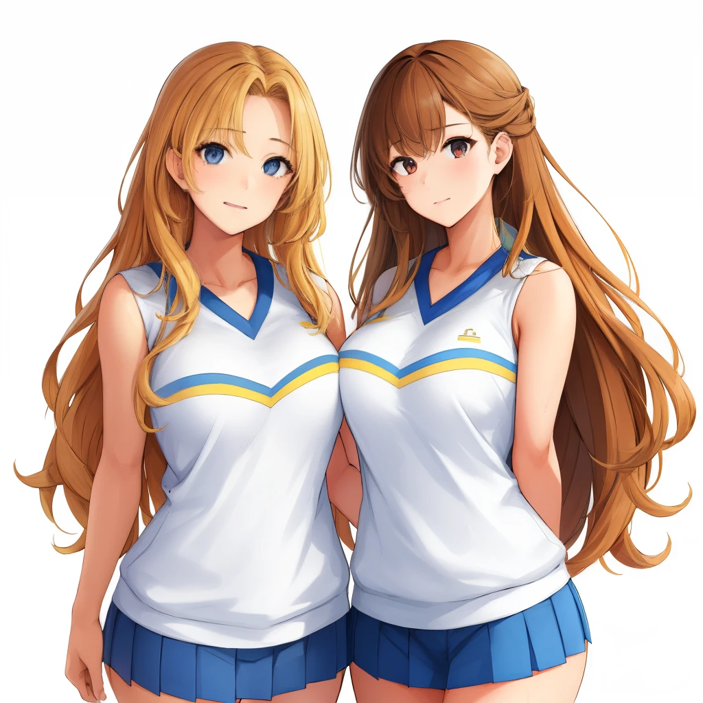 2girls, duo, twins, standing shoulder-to-shoulder, teenage woman, brown hair, blonde hair, long curly hair, matching hairstyles, different hair colors, hair down, hazel eyes, cheerleader uniform, white background, best quality, highly detailed