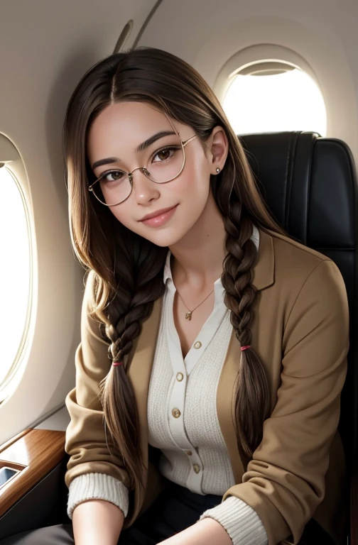 "Imagine a portrait of a friendly 27-year-old American crypto trader. She has short,neatly plaited and braided brown hair, striking brown eyes, and a natural,wearing an eyeglass, smiling and proffessional expression. The photo is taken beside her PRIVATE JET. The image is captured in high resolution using an 85mm lens for a flattering perspective."
