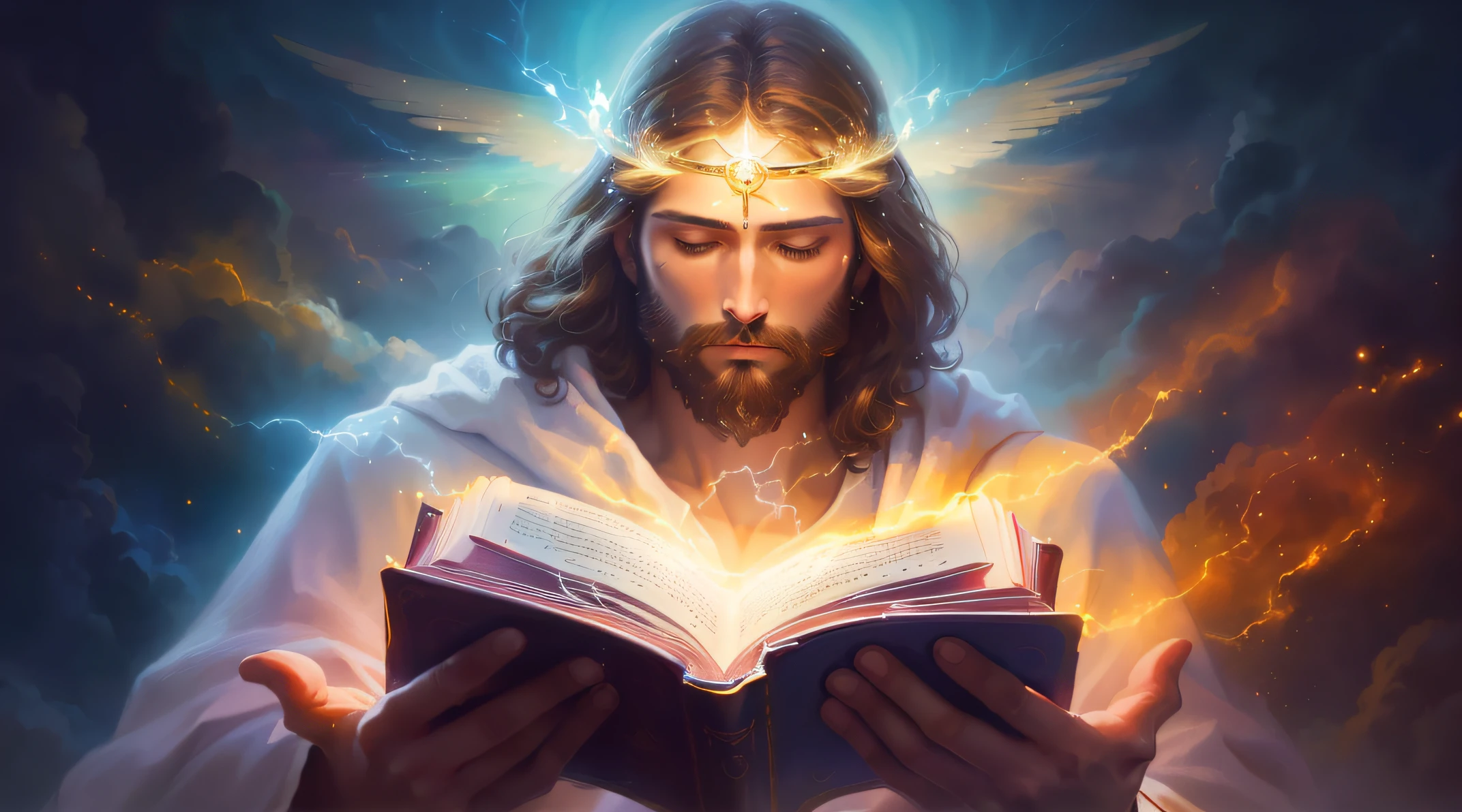 A painting of Jesus reading a book with a shining halo, bible illustration, holy fire spell art, O Senhor e Salvador, Jesus Cristo, imagens religiosas, sua mente contemplando a eternidade, holy flame spell, glowing halo above his head, beautiful depiction, imagens sagradas, arte conceitual de deus, Directed by: Aleksander Gierymski, artistic depiction, Raios de Luz Sagrada Sagrada e a coroa