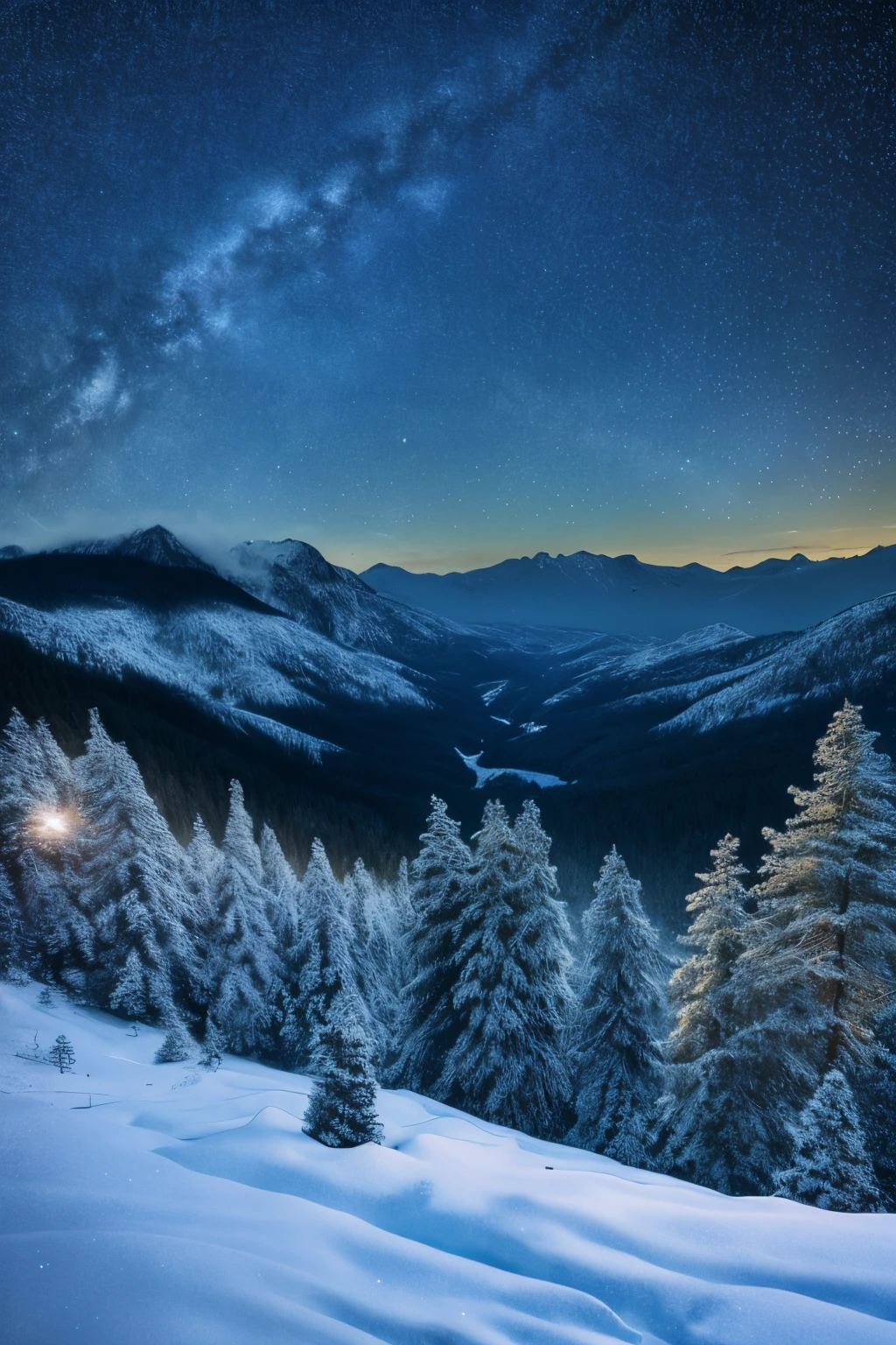 winter, forest, mountains, night, cosy, stars, realism photography, view from hill