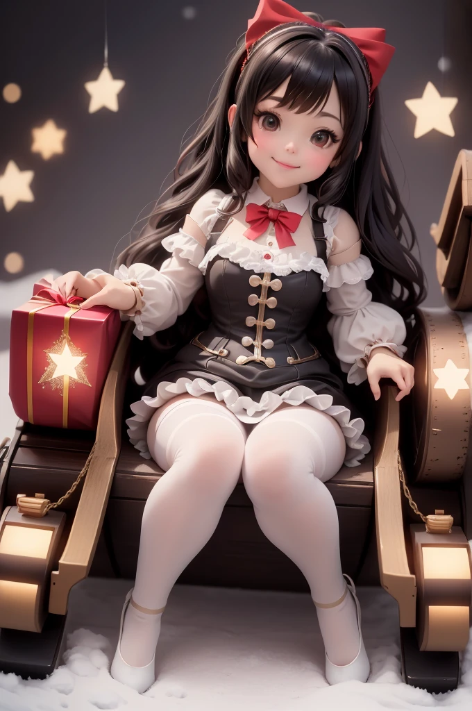 amasterpiece, best quality, 8k, cinematic light, ultra high res, chibi, cute doll smiling sitting on a sleigh, black hair, christmas steampunk dress, christmas hair ribbons, white pantyhose, red pumps, magical night, winter night, magical sparks floating, falling snow, dark shadows, ((dark fantasy)),