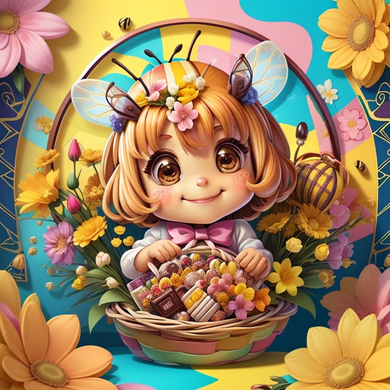 (cute yellow bee smiling with basket of chocolates and flowers) Munchkin ,Geometric multidimensional wall portrait, livro de arte, Tchibi,
Yang08k, Beautiful, Colouring,
Obras, of the highest quality, best quality, Arte Oficial, Beautiful and Aesthetic,