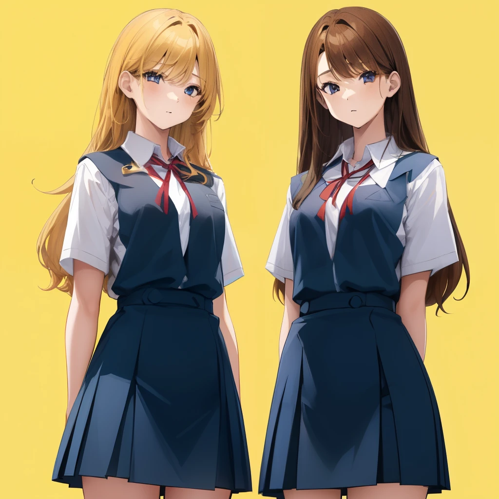 2girls, duo, twins, standing shoulder-to-shoulder, teenage woman, brown hair, blonde hair, long curly hair, matching hairstyles, different hair colors, hair down, hazel eyes, school uniform, white background, best quality, highly detailed