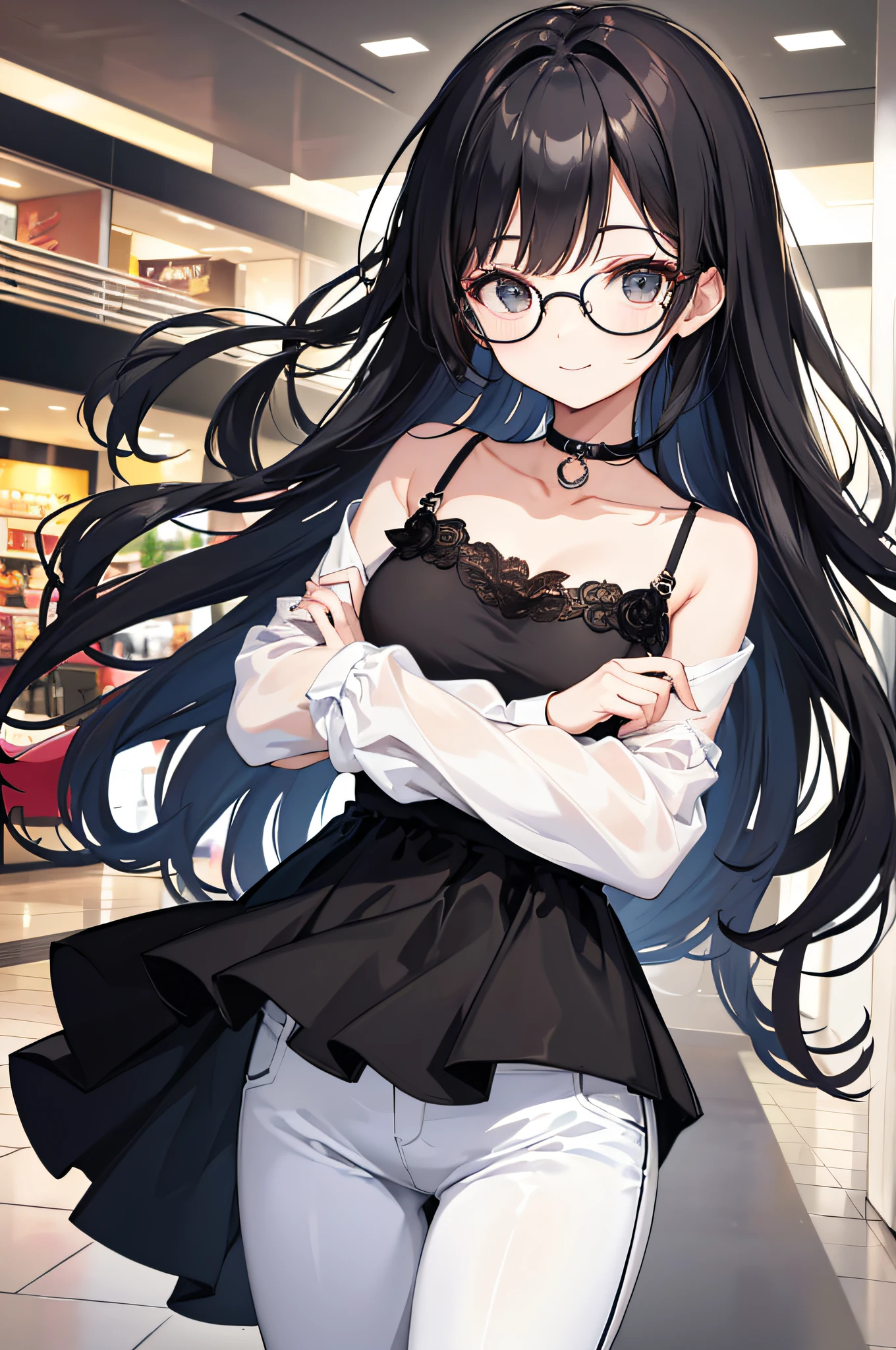 top-quality、Top image quality、Black Dress、Round glasses、Long Black Hair、medium breasts、shores、Smiling face、Take a pose、Precise face、Focus on girls、White pants、Inside the shopping mall