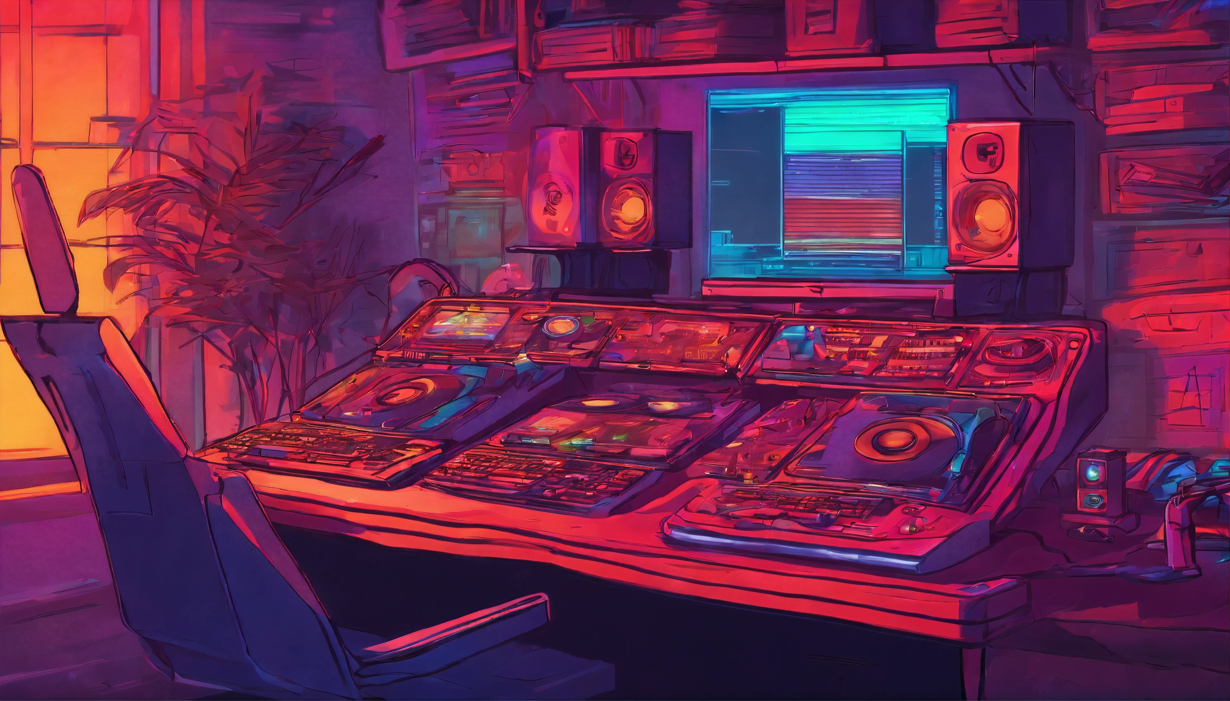 DJ in cozy room at night, Usando fones de ouvido, Anime estilo 2D, Lo-fi, disco Rigido, Ambiente escuro, frente a um computador, livros sobre a mesa, estudando, concentrado, profundidade, 4k, papel de parede, obra prima