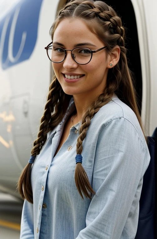 "Imagine a PHOTO of a friendly 27-year-old American crypto trader. She has short,neatly plaited and braided brown hair, striking brown eyes, and a natural,wearing an eyeglass, smiling and proffessional expression. The photo is taken WHILE SHE WALKS TO her PRIVATE JET AT THE AIRPORT. The image is captured in high resolution using an 85mm lens for a flattering perspective."