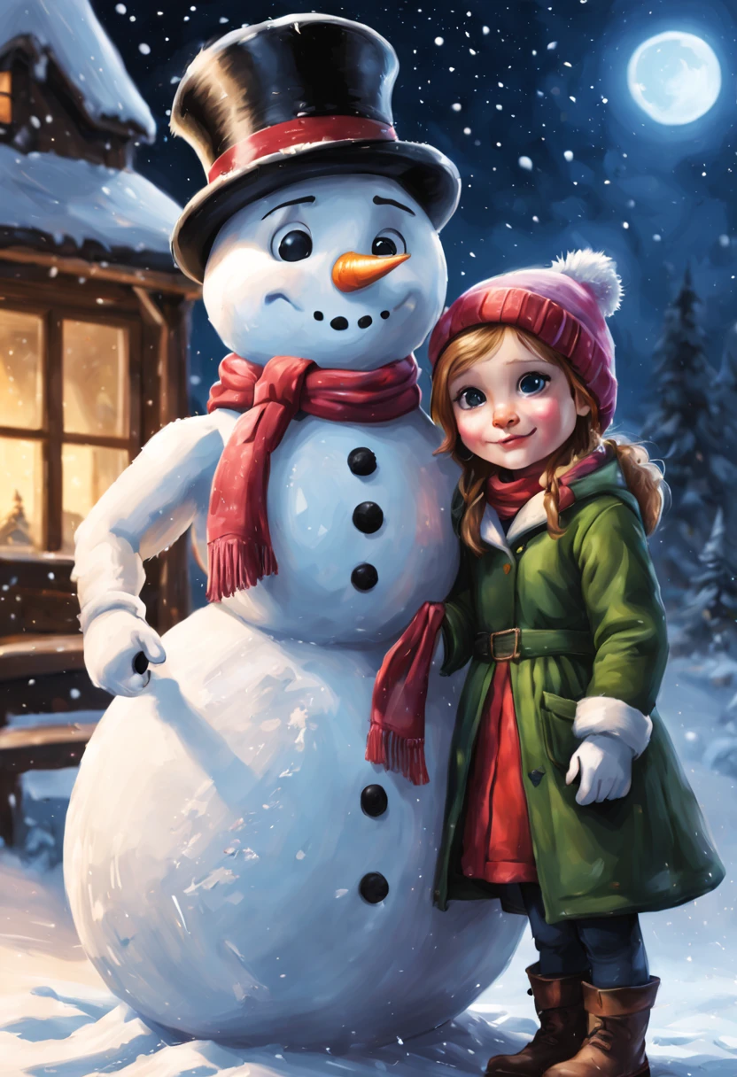 detailed a whimsical fabulous littli girl builds a snowman, color ink flow, 8k resolution, dreamcore, ultra realistic illustration, in style Craig Davison, Ray Caesar, Thomas Eakins. Adorable beautiful, radiant, magical, by Agnes Cecile, by André Masson, complementary colors