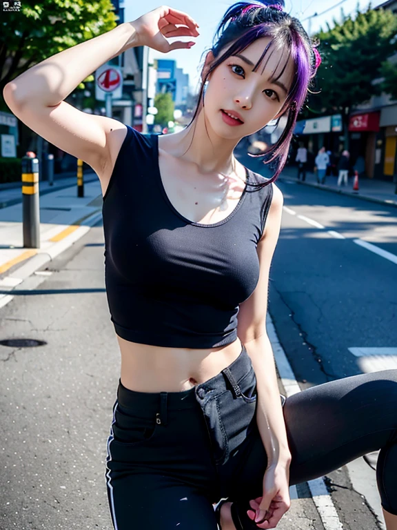 (realisitic、Photorealsitic:1.37)、(8K、Raw photography、top-quality、​masterpiece:1.2)、Very cute woman、ultra-detailliert、Heart-shaped pupil、physically-based renderingt、超A high resolution、Kodak Vision Color、Captured with an Arricam LT camera、bokeh dof、foco nítido、(((Correct anatomy:1.2)))、juri, anilingus, bangs,hair horns,gloves, jewelry,large breasts, looking at viewer, kick style, toes ,multicolored hair, purple hair,purple eyes, streaked hair,nail polish, navel, black (pants:1.3), spiked bracelet, spikes,large hip,underwear,toenails ,smile,
tokyo street,foujuri, baggy pants, black pants, panties,
(best quality, 16k,masterpiece, ultra detailed, Photorealistic, beautiful skin, detailed face, cinematic lighting),