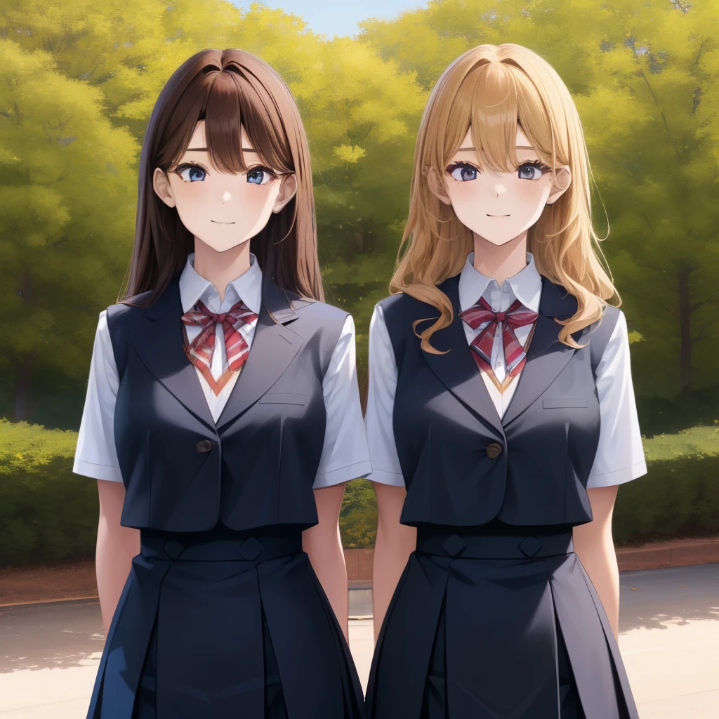 2girls, duo, twins, standing shoulder-to-shoulder, teenage woman, happy, brown hair, blonde hair, long curly hair, matching hairstyles, different hair colors, hair down, hazel eyes, school uniform, white background, best quality, highly detailed