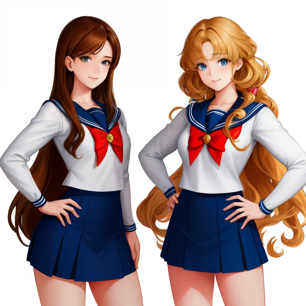 2girls, duo, twins, standing shoulder-to-shoulder, age woman, happy, brown hair, blonde hair, long curly hair, matching hairstyles, different hair colors, hair down, hazel eyes, sailor senshi uniform, white background, best quality, highly detailed