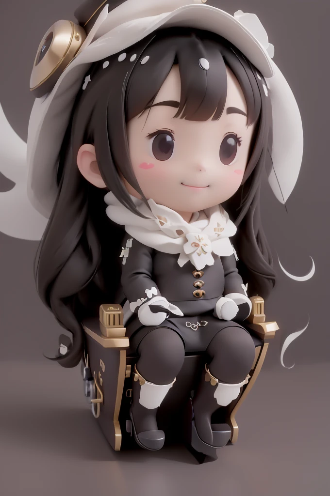 amasterpiece, best quality, 8k, cinematic light, ultra high res, chibi, cute girl smiling sitting on a sleigh, black hair, christmas steampunk dress, christmas hair bows, (white) pantyhose, black pumps, magical night, winter night, magical sparks floating, falling snow, dark shadows, ((dark fantasy)), ,Clay Animation