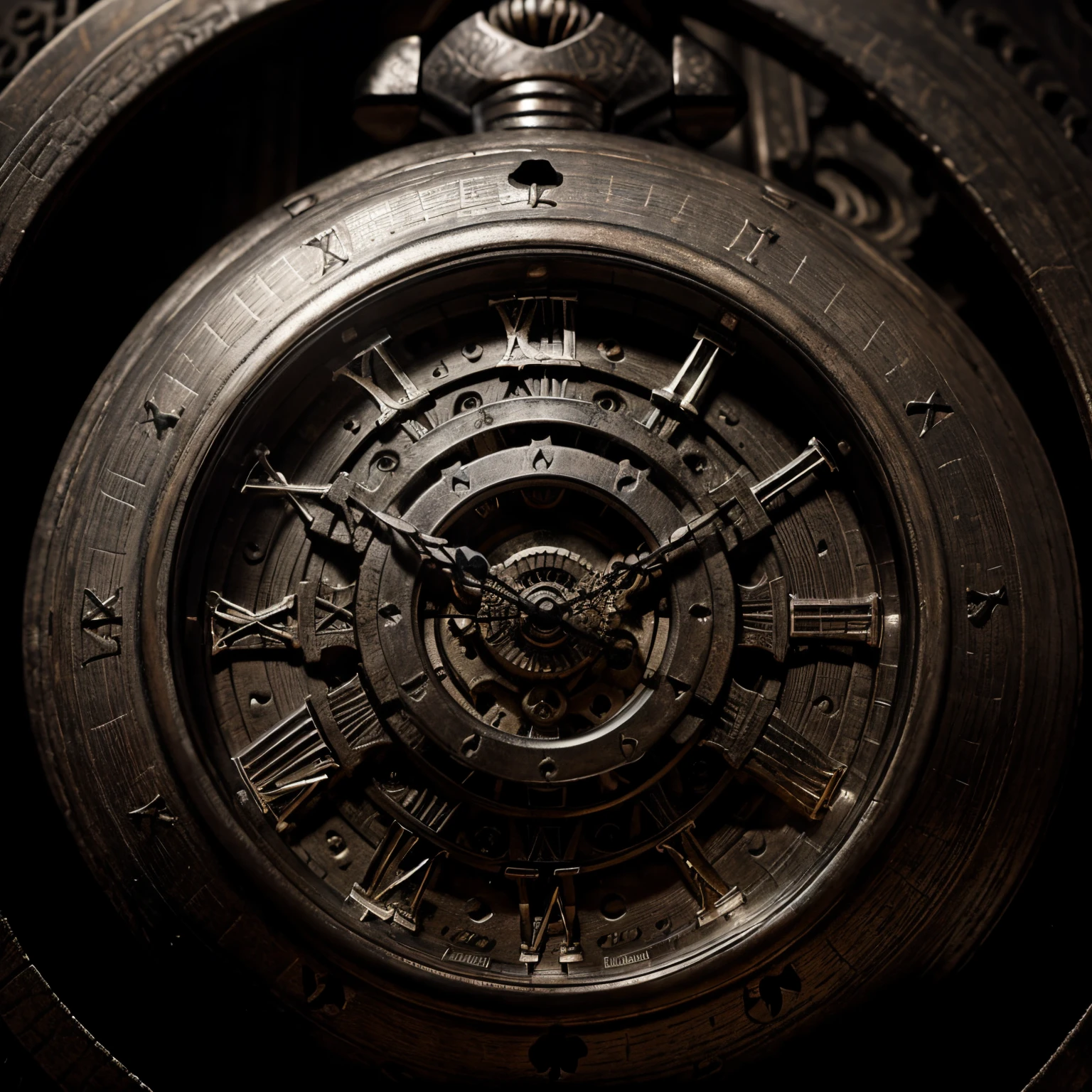 ancient pocket watch with human skull in the center, roman numerals, aged texture, intricate engravings, detailed gears and mechanisms, vintage metal finish, antique patina, mysterious and dark atmosphere, dramatic lighting, monochromatic color palette, gothic style, surrealistic elements, hauntingly beautiful, high contrast, intricate and delicate details, masterful craftsmanship, ethereal and otherworldly